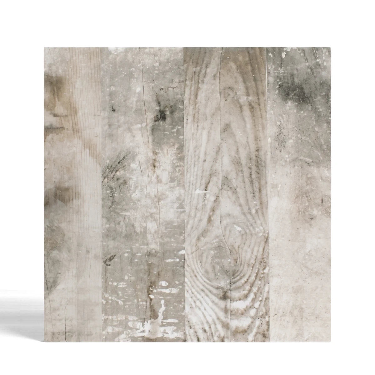 1st Floor 60x60 ceramic tile with a distressed light grey and beige wood grain texture, suitable for flooring.
