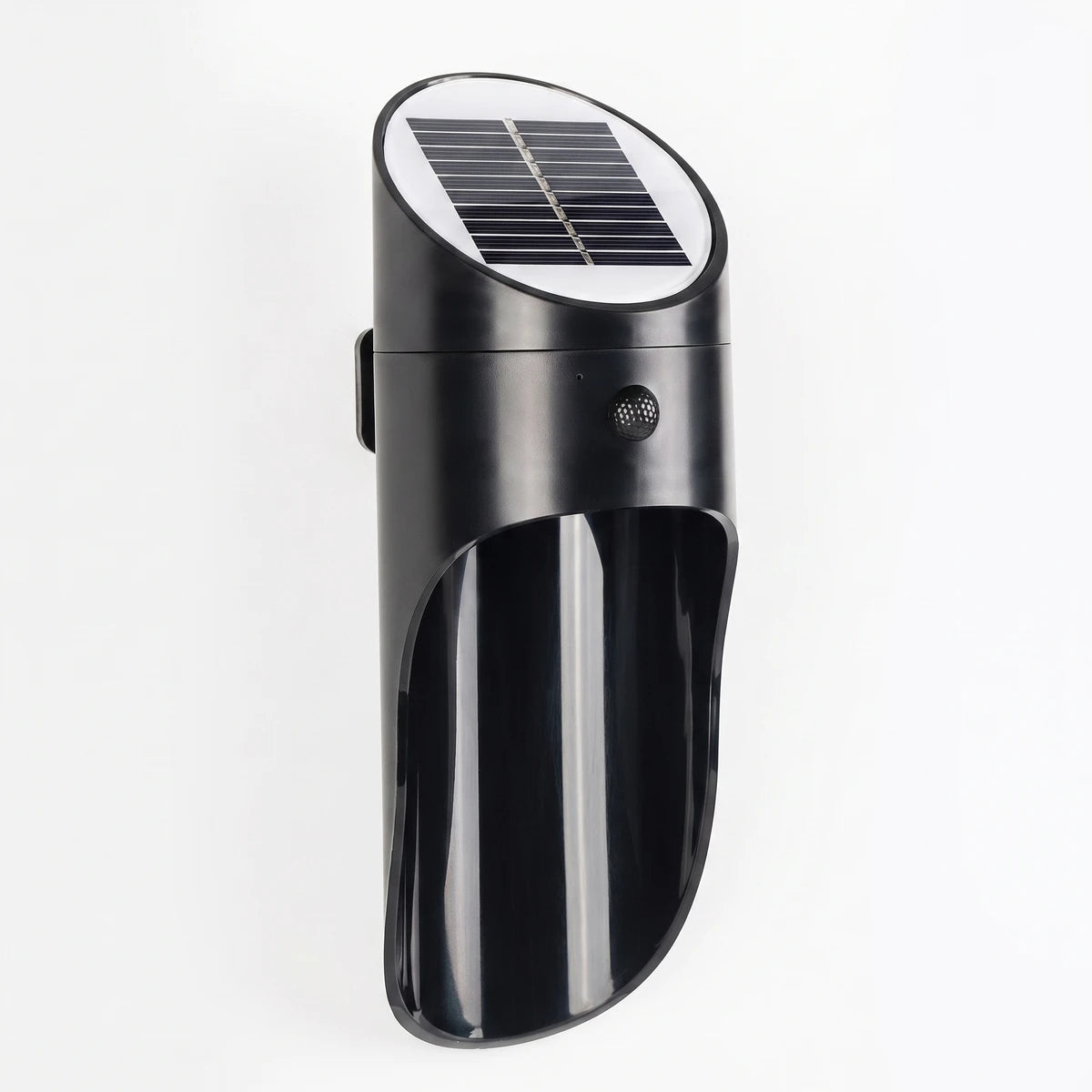Black 1W outdoor solar LED light with motion sensor, featuring a top solar panel and wall-mounting bracket.
