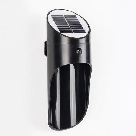 Black 1W outdoor solar LED light with motion sensor, featuring a top solar panel and wall-mounting bracket.
