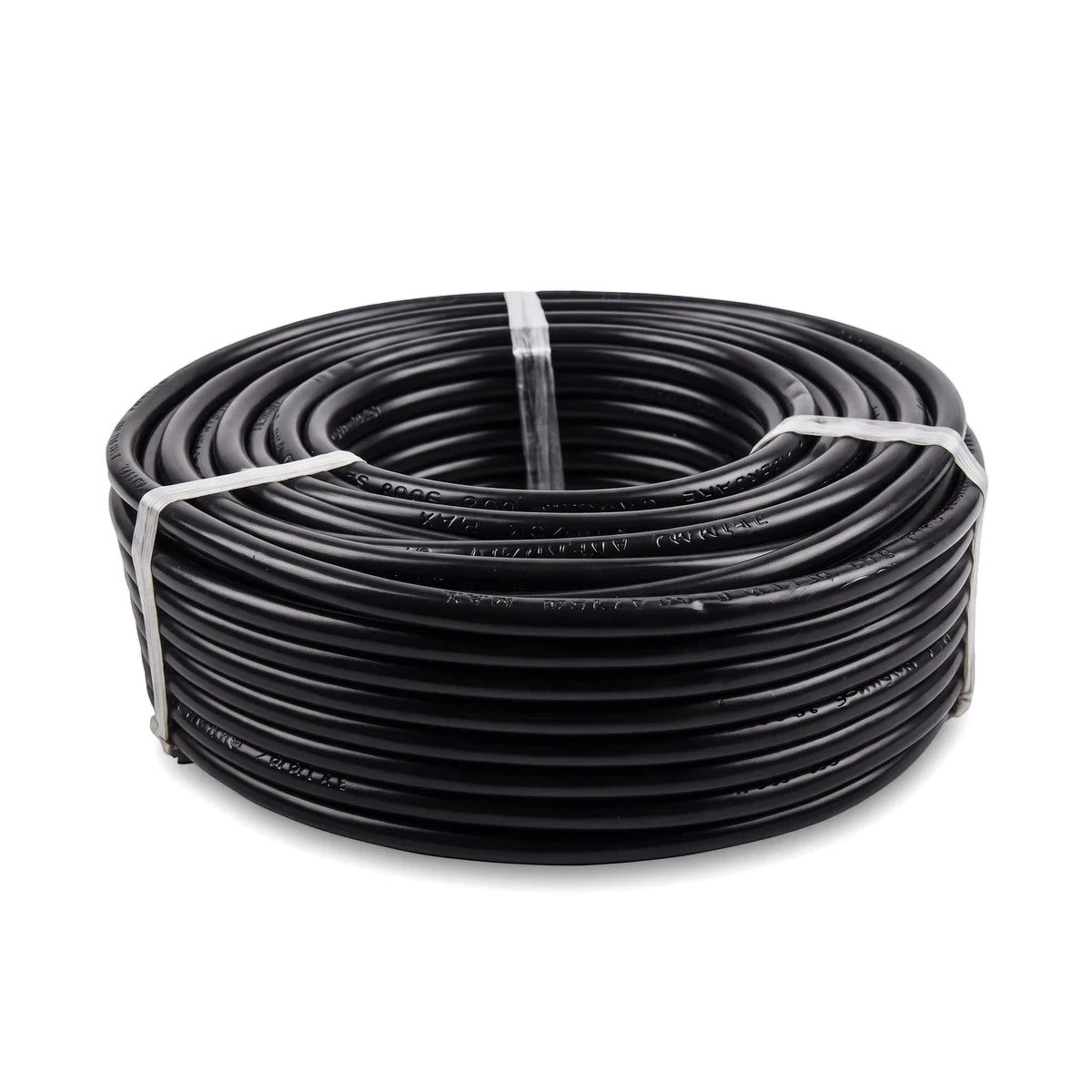 Coiled 2.5 x 3 core black cabtyre electrical wires and cable, 30 meters, on a white background.