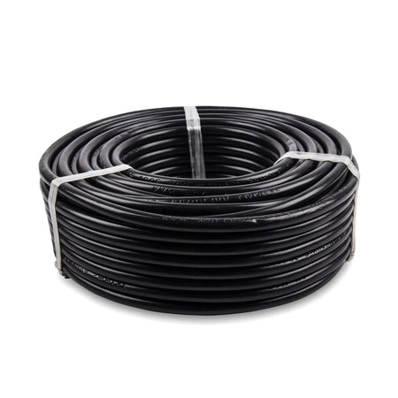 Coiled 2.5 x 3 core black cabtyre electrical wires and cable, 30 meters, on a white background.
