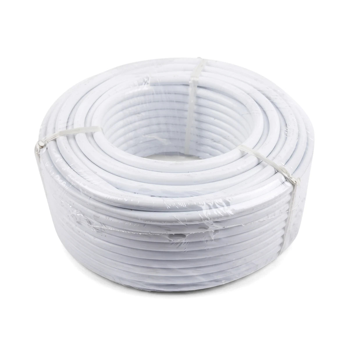 A coiled 10-meter length of white 2.5 X 3 Core Cabtyre electrical wire and cable, neatly wrapped in plastic for retail.