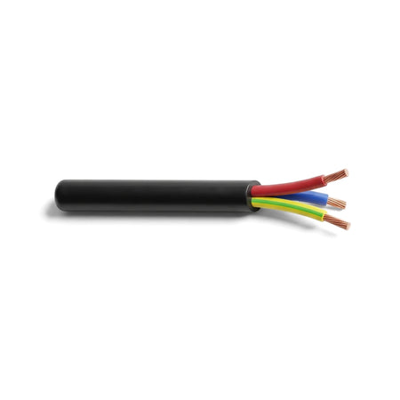 Black 2.5 x 3 core cabtyre electrical cable with exposed red, blue, and green/yellow insulated copper wires.
