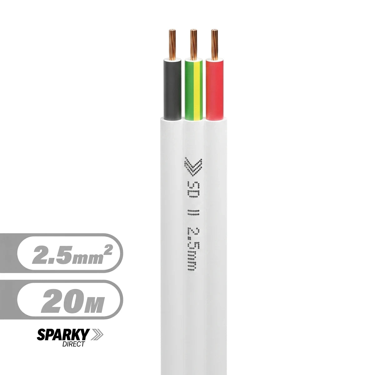 White 2.5mm flat twin and earth electrical cable, 20 meters long, with exposed copper conductors insulated in black,