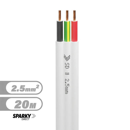 White 2.5mm flat twin and earth electrical cable, 20 meters long, with exposed copper conductors insulated in black,