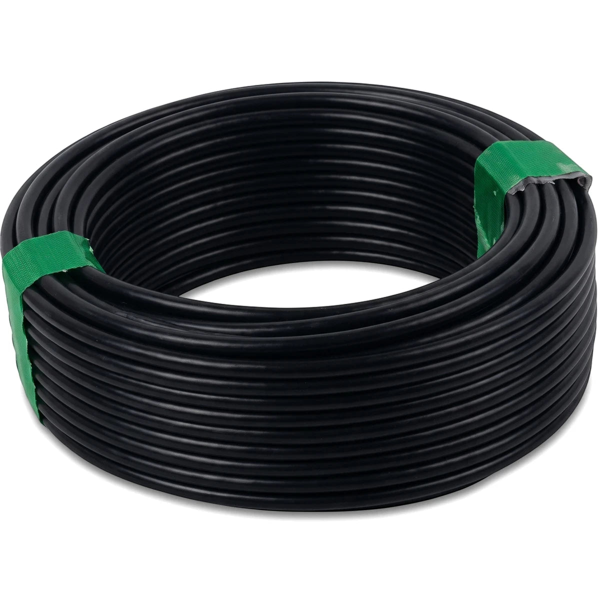 2.5mm Gp black electrical wire coil, 20M length, secured with green straps, for general purpose wiring and cabling.