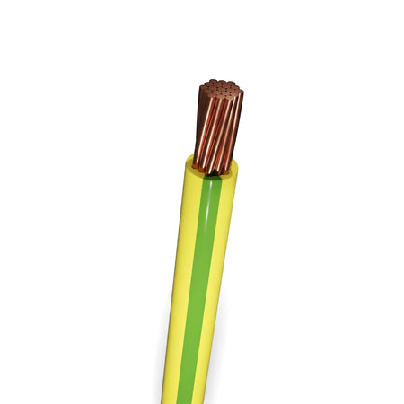 Close-up of a 2.5mm general purpose electrical wire, green and yellow insulated with exposed copper strands, angled on a