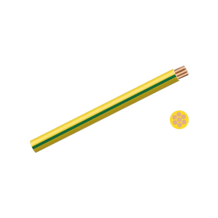 2.5mm Gp electrical wire, green and yellow insulated with exposed copper strands, shown diagonally with a cross-section.