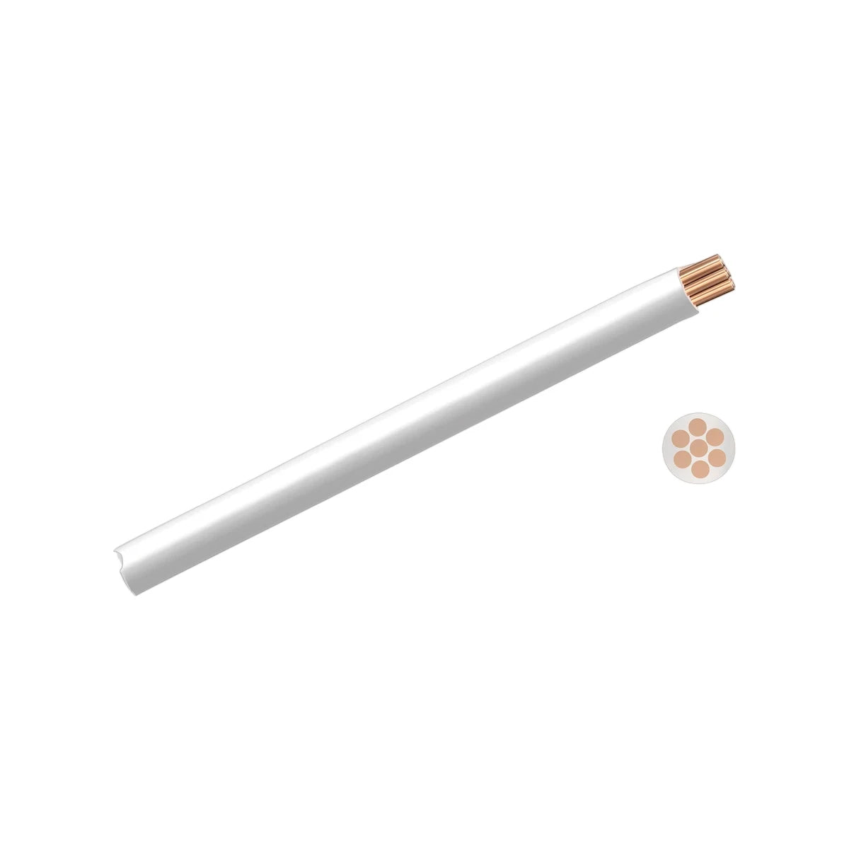 White 2.5mm GP electrical wire with exposed copper strands and a circular cross-section detail.
