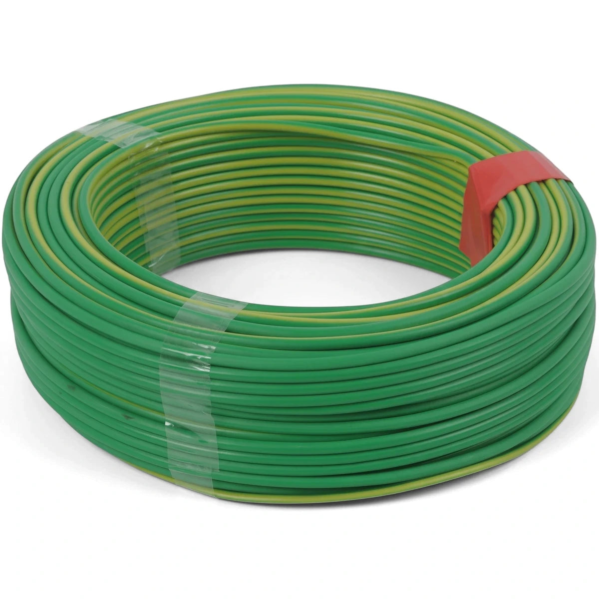 Coiled 2.5mm green and yellow GP electrical wire, 50 meters long, for various wiring and cabling applications, displayed on