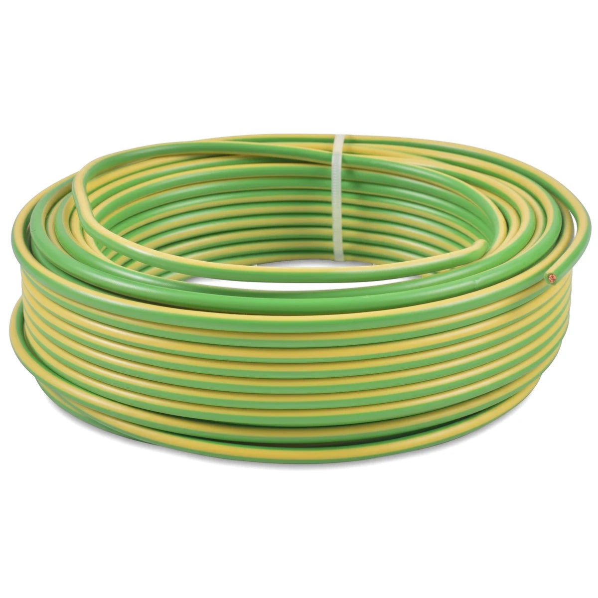 Coiled 2.5mm GP electrical wire in green and yellow, viewed from a slightly elevated angle against a white background.