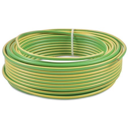 Coiled 2.5mm GP electrical wire in green and yellow, viewed from a slightly elevated angle against a white background.
