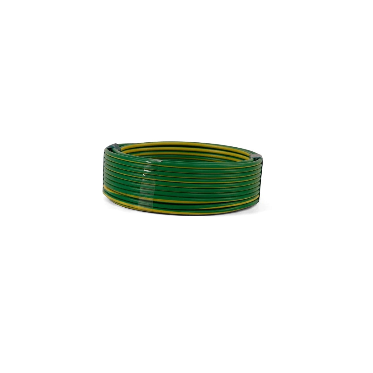 A coiled 2.5mm green and yellow electrical wire, presented in a neatly wound coil on a white background.