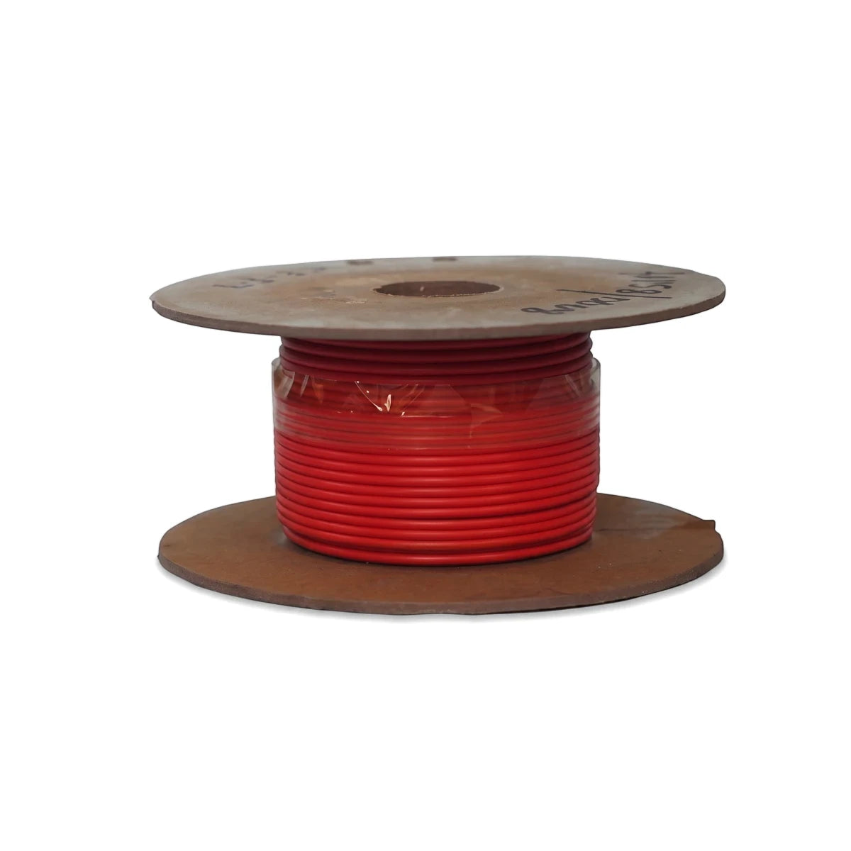 2.5mm GP wire red 30m electrical wire and cable coiled on a spool reel, side view for wiring jobs.
