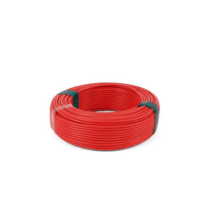A coiled bundle of 2.5mm red GP electrical wire, 50 meters in length, secured with green straps, shown from a slightly