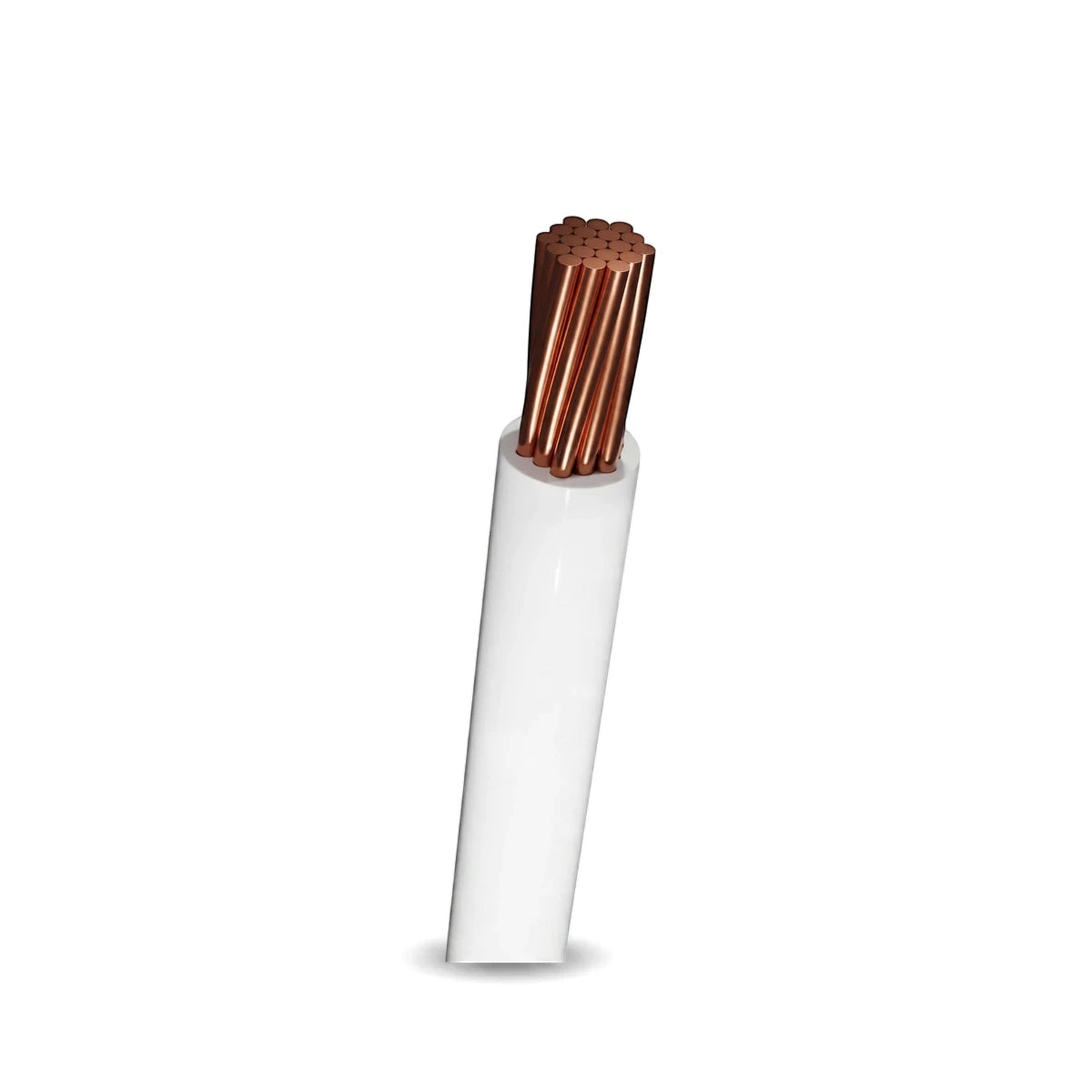 Close-up of a white 2.5mm electrical wire with exposed copper strands, showing the inner construction of the cable.