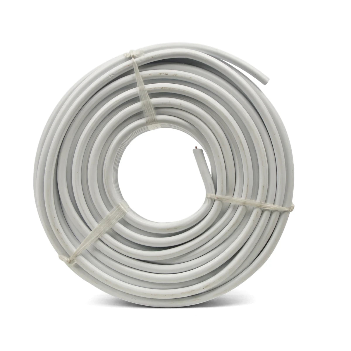 A neatly coiled bundle of white 2.5mm X 2 plus earth round surface electrical wire, 20 meters, secured with clear plastic
