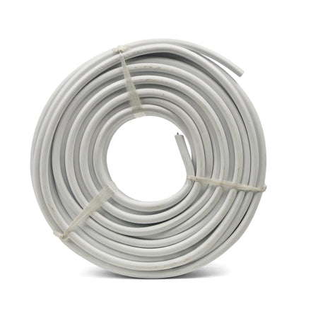 A neatly coiled bundle of white 2.5mm X 2 plus earth round surface electrical wire, 20 meters, secured with clear plastic