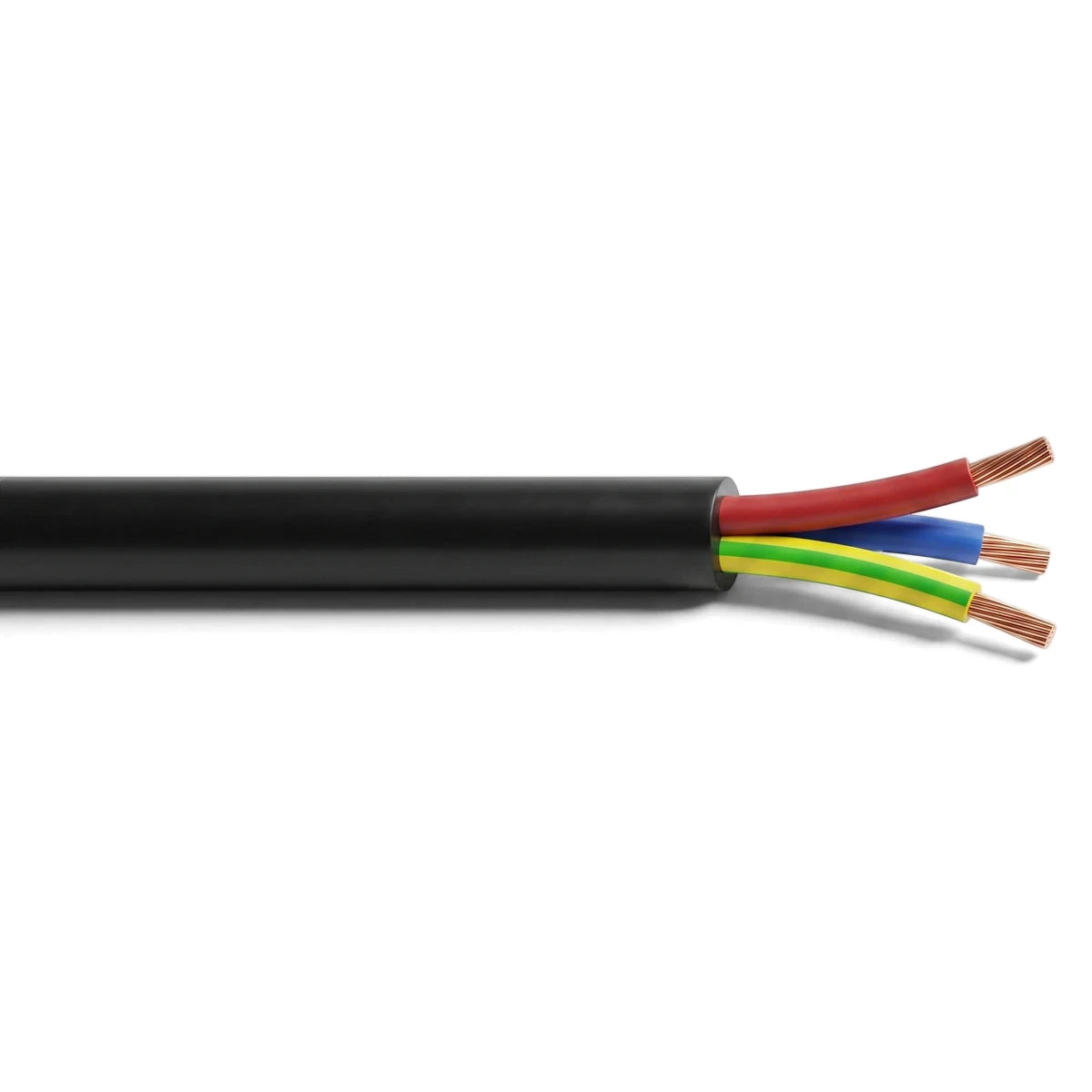 A close-up view of a 3-core cabtyre electrical cable featuring a black outer sheath with exposed red, blue, and yellow/green