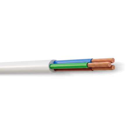 White 2.5 x 3 core electrical cable with blue, green, and brown insulated wires and exposed copper strands.
