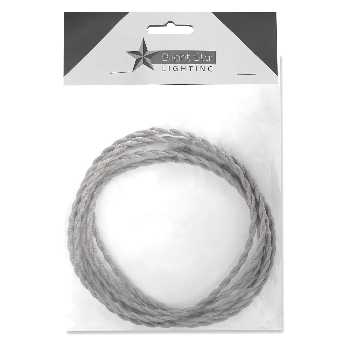 Grey 2-Core twisted fabric electrical cable cord in clear plastic packaging with a Bright Star Lighting header card, 5