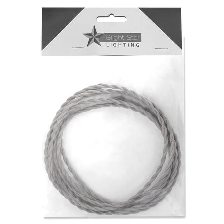 Grey 2-Core twisted fabric electrical cable cord in clear plastic packaging with a Bright Star Lighting header card, 5