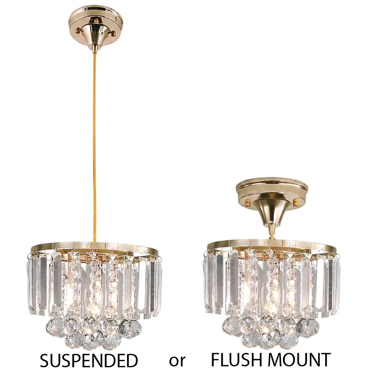 Two-in-one metal and crystal ceiling light, shown as both a suspended pendant and a flush mount fixture.