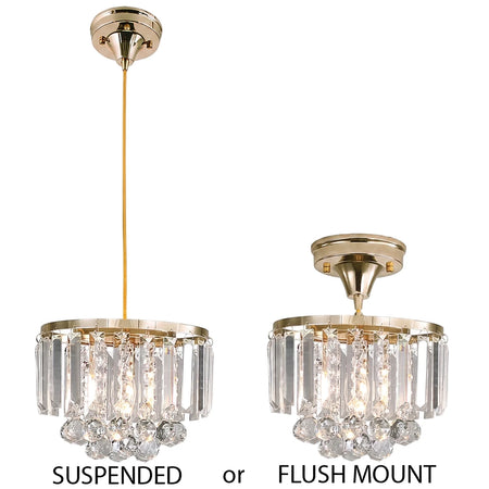 Two-in-one metal and crystal ceiling light, shown as both a suspended pendant and a flush mount fixture.