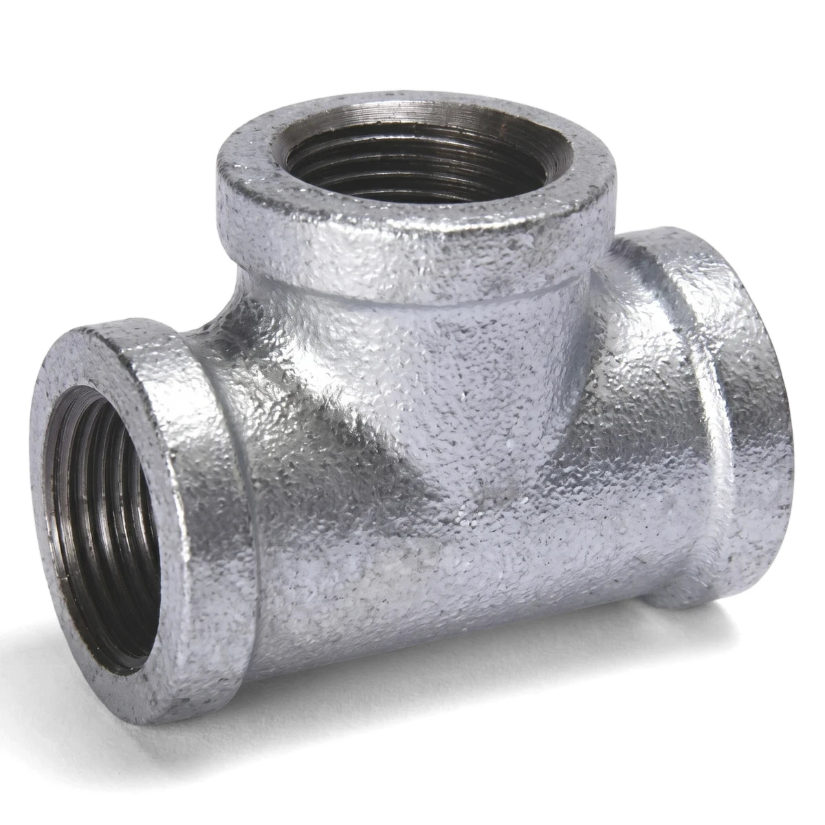 A close-up view of a 2-inch galvanized metal tee pipe fitting with threaded ends, used for plumbing and industrial