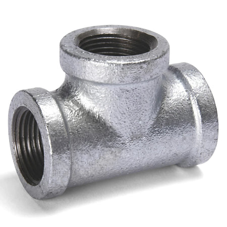 A close-up view of a 2-inch galvanized metal tee pipe fitting with threaded ends, used for plumbing and industrial