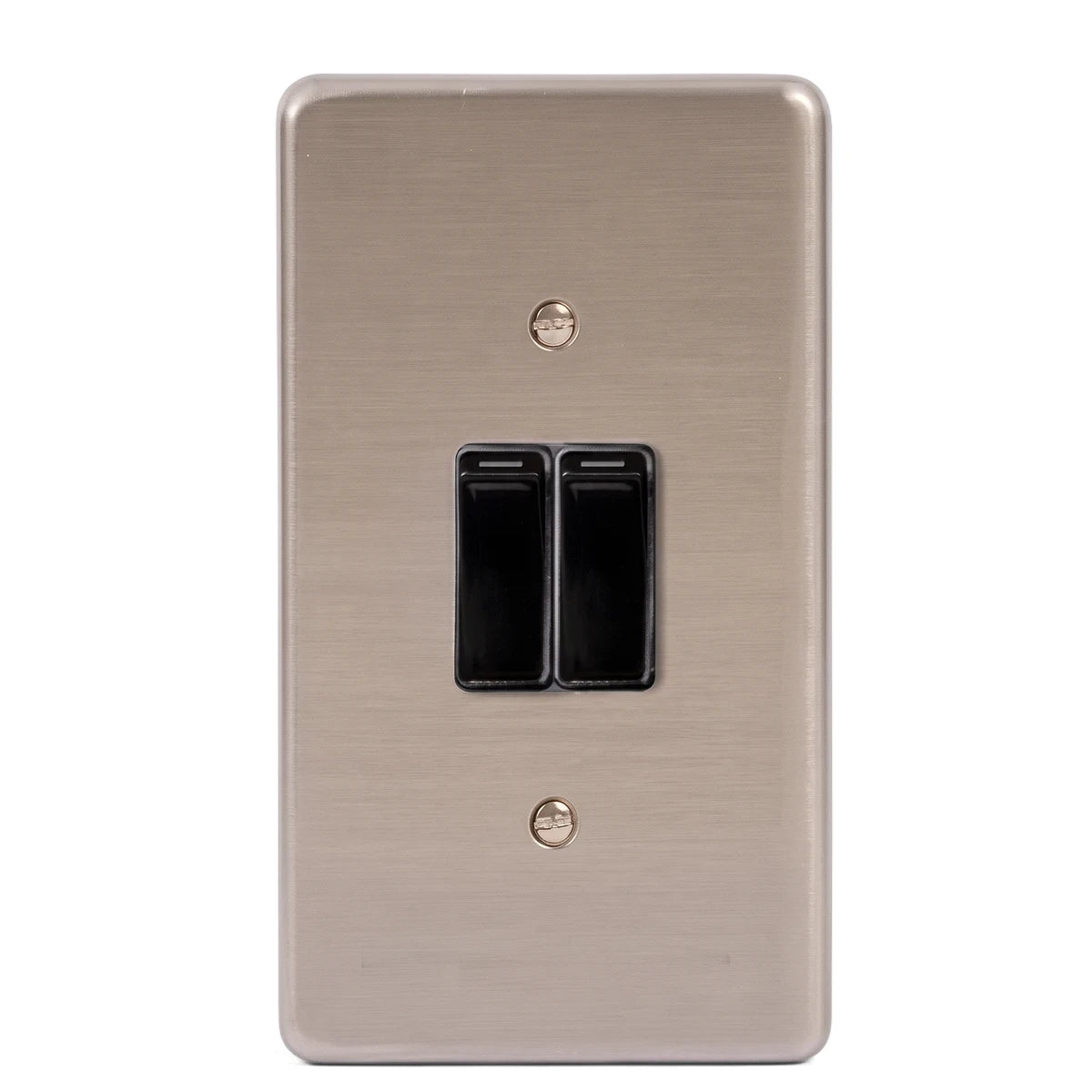 Two lever light switch with a brushed metal wall plate and two black rocker switches.