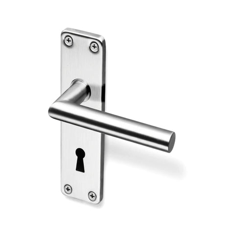 Brushed stainless steel 2 Lever Oulu Coupe Lockset with a cylindrical handle and keyhole, seen from an angled view, for