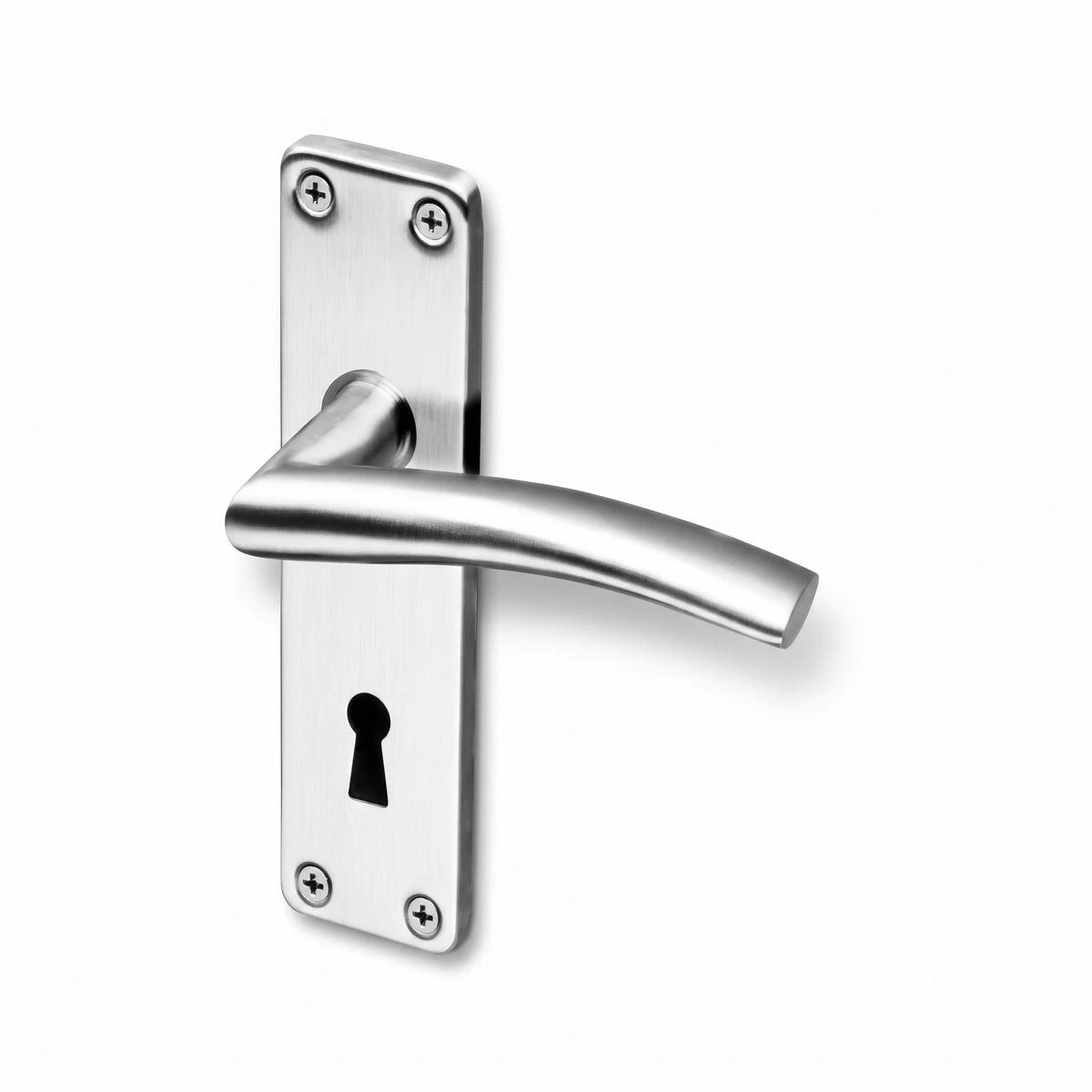 2 Lever Solna Coupe Lockset made of brushed stainless steel, featuring a curved door handle and a keyhole on a rectangular