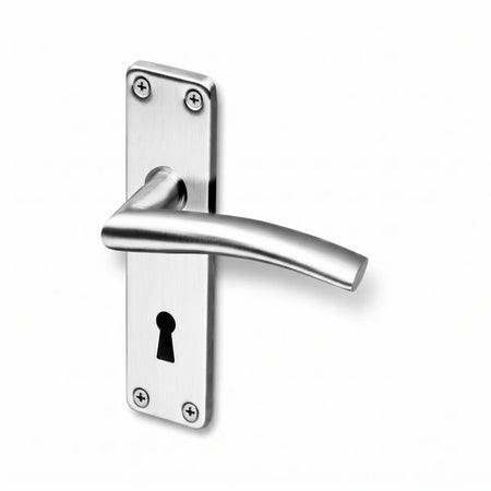 2 Lever Solna Coupe Lockset made of brushed stainless steel, featuring a curved door handle and a keyhole on a rectangular