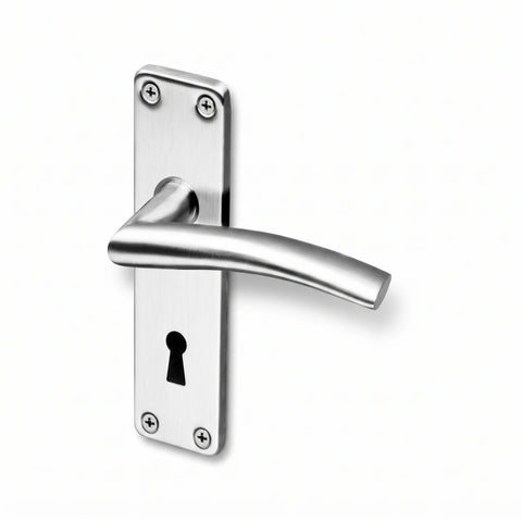 2 Lever Solna Coupe Lockset made of brushed stainless steel, featuring a curved door handle and a keyhole on a rectangular