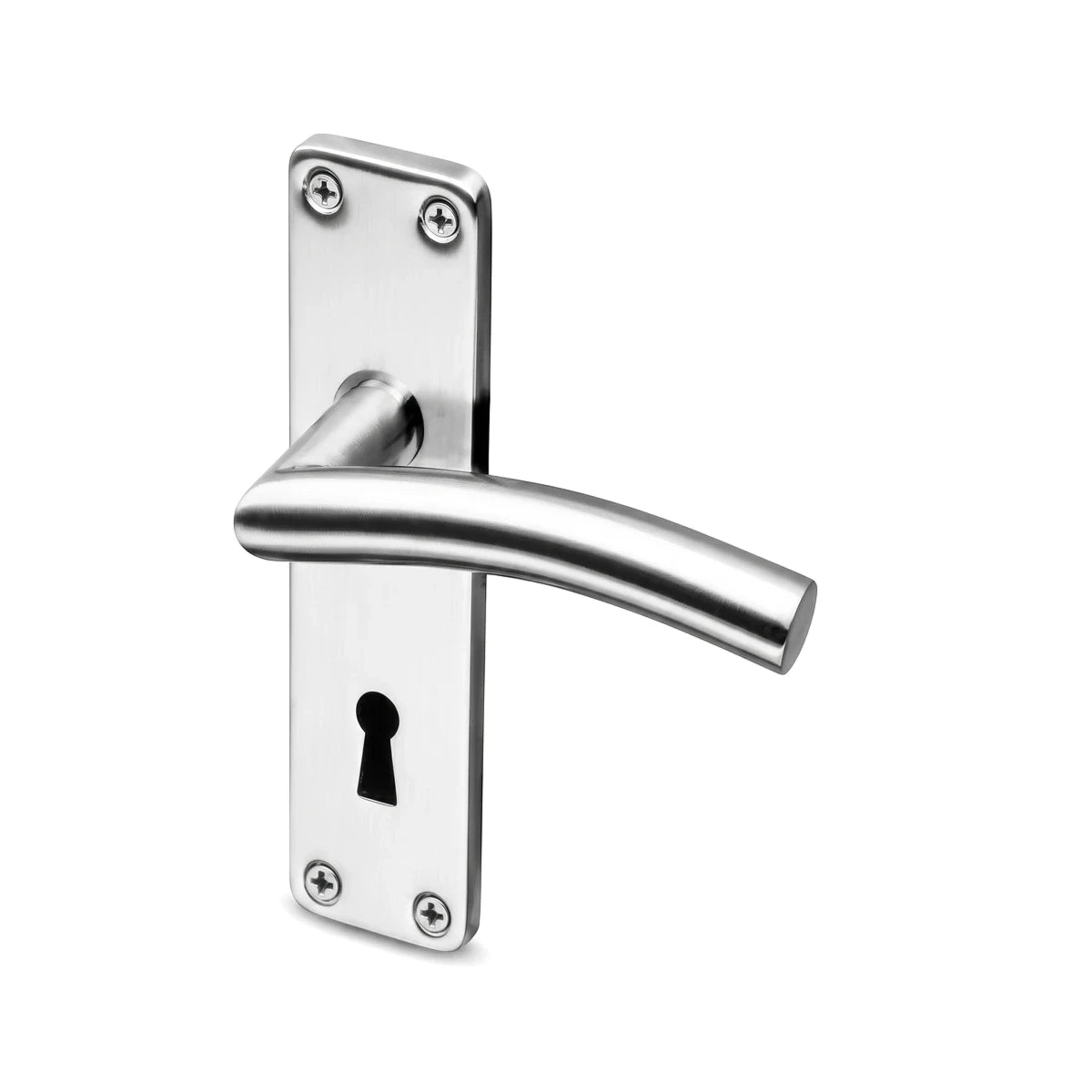 Silver 2 Lever Umea Coupe Lockset, a brushed metal door handle and backplate with a keyhole, presented on a white backdrop.