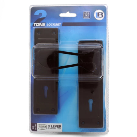 2-Tone Style Black Scroll Key Lockset in clear blister packaging, featuring a scroll handle design and two keyholes.