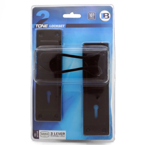 2-Tone Style Black Scroll Key Lockset in clear blister packaging, featuring a scroll handle design and two keyholes.