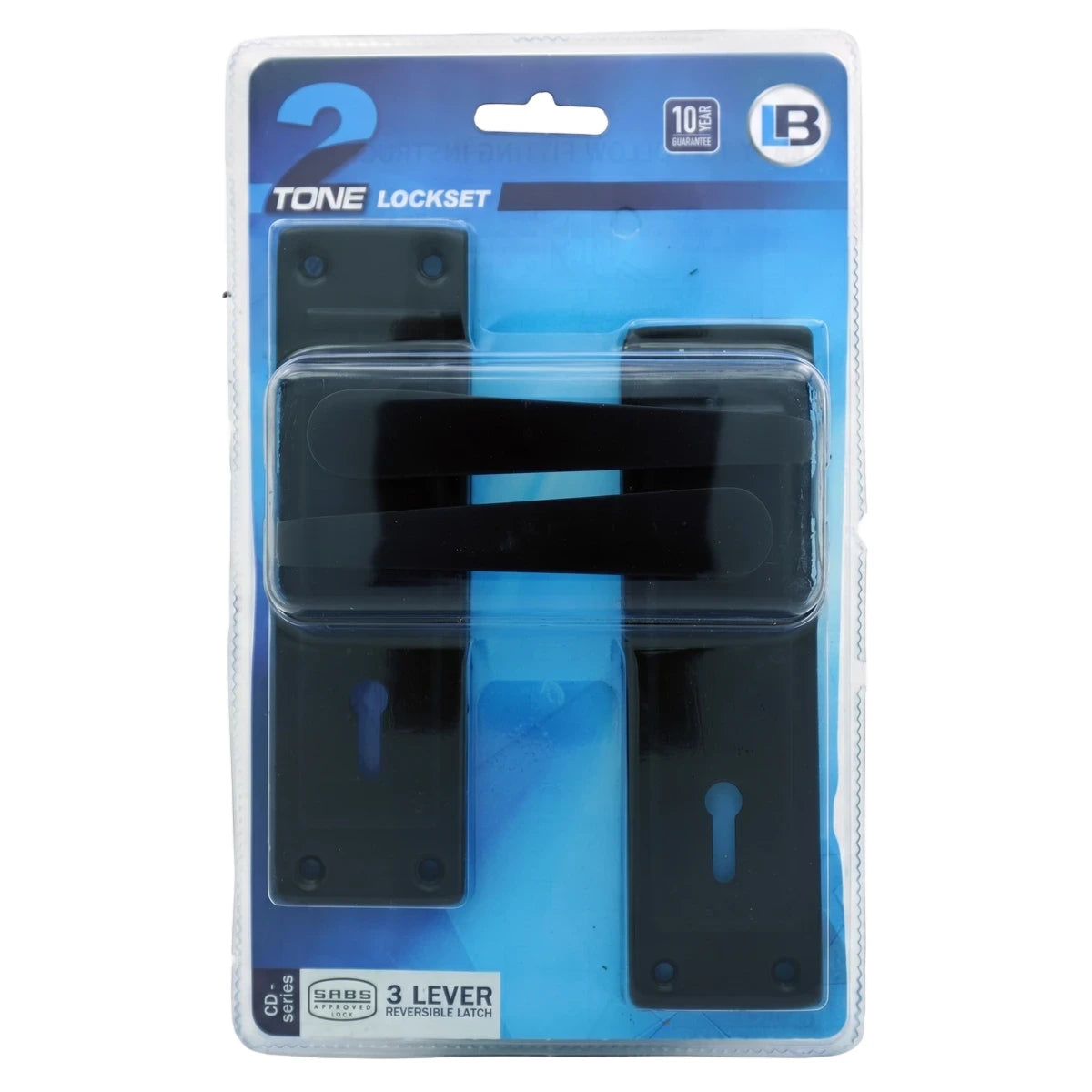2-Tone Style Black Straight Key Lockset in clear blister packaging with blue and black branding on a white background.