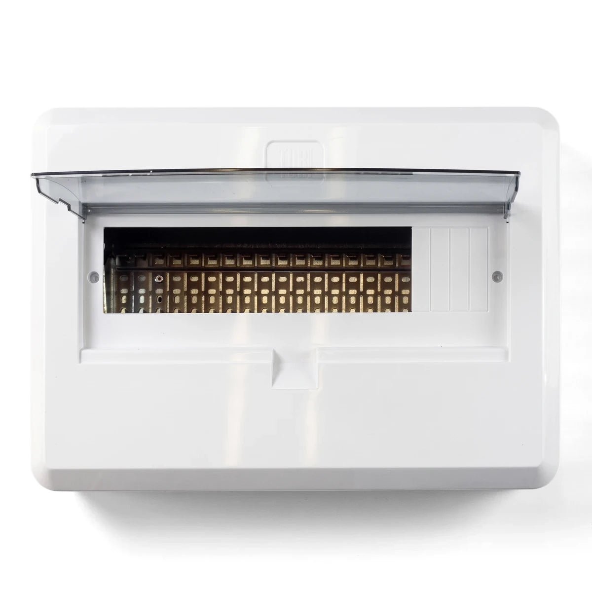 White 20 Way F/Mount St Chassis & Tray Distribution Box with a partially open clear cover, showcasing internal components.