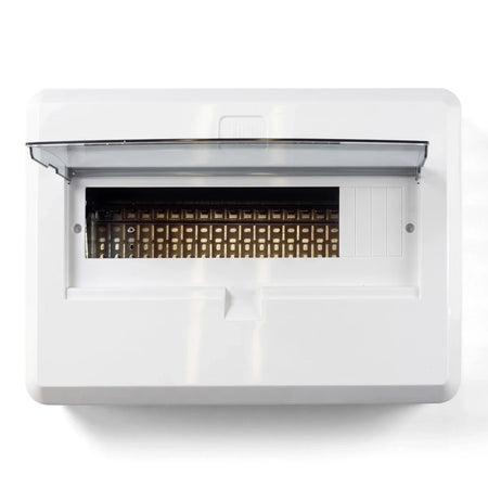 White 20 Way F/Mount St Chassis & Tray Distribution Box with a partially open clear cover, showcasing internal components.