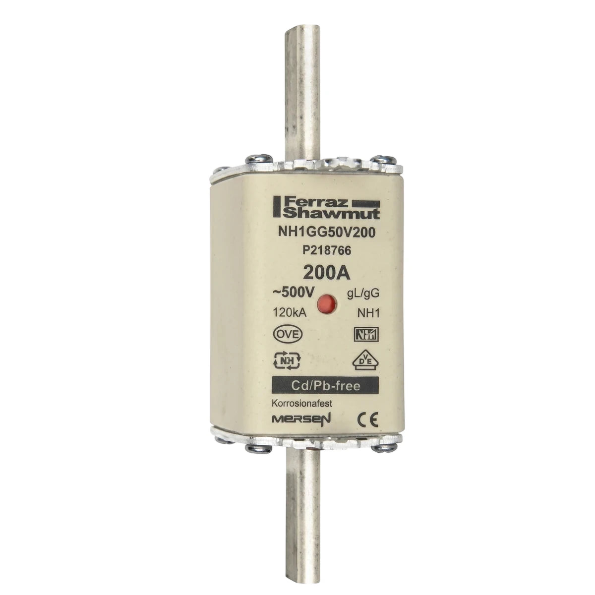 200A Ferraz Shawmut general protection fuse with double indicators, beige body, and silver terminals, oriented vertically.