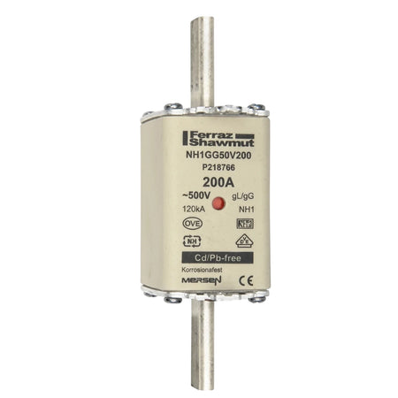 200A Ferraz Shawmut general protection fuse with double indicators, beige body, and silver terminals, oriented vertically.