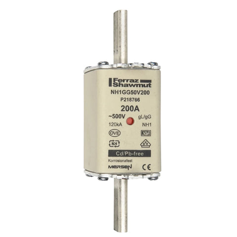 200A Ferraz Shawmut general protection fuse with double indicators, beige body, and silver terminals, oriented vertically.
