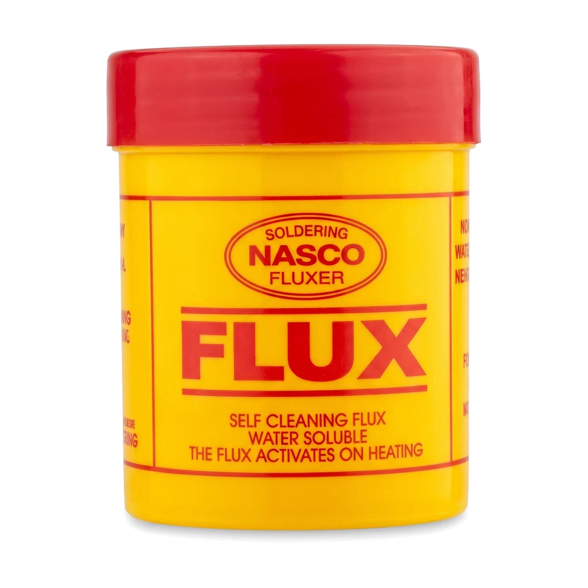 200G Flux Soldering in a yellow cylindrical container with a red screw-top cap, viewed from the front.