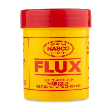 200G Flux Soldering in a yellow cylindrical container with a red screw-top cap, viewed from the front.