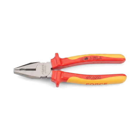 200mm insulated combination plier with red and yellow VDE handles and metal jaws, shown horizontally.