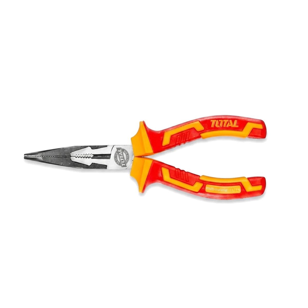 200mm insulated long nose plier with red and yellow handles for gripping and cutting electrical wires.