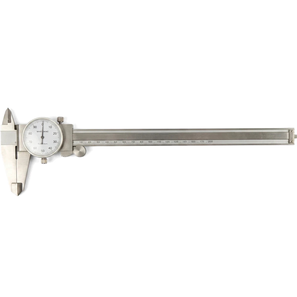 A 200mm silver dial caliper, a precision measurement tool, shown horizontally against a white background.