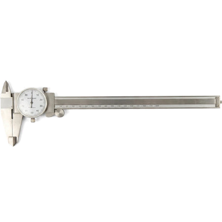 A 200mm silver dial caliper, a precision measurement tool, shown horizontally against a white background.
